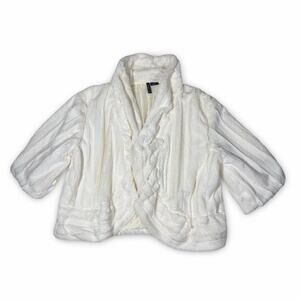 New Directions Faux Fur Jacket L | White Soft Plush Shawl Collar Short Sleeve